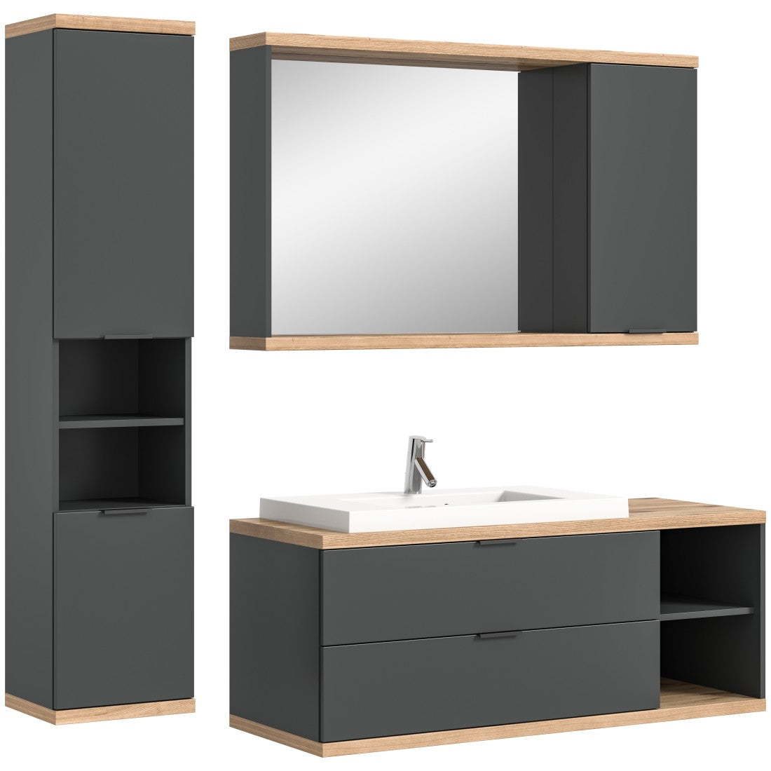 Set bagno NOYA grigio - mobile sottolavabo, specchio con contenitore e colonna sospesa