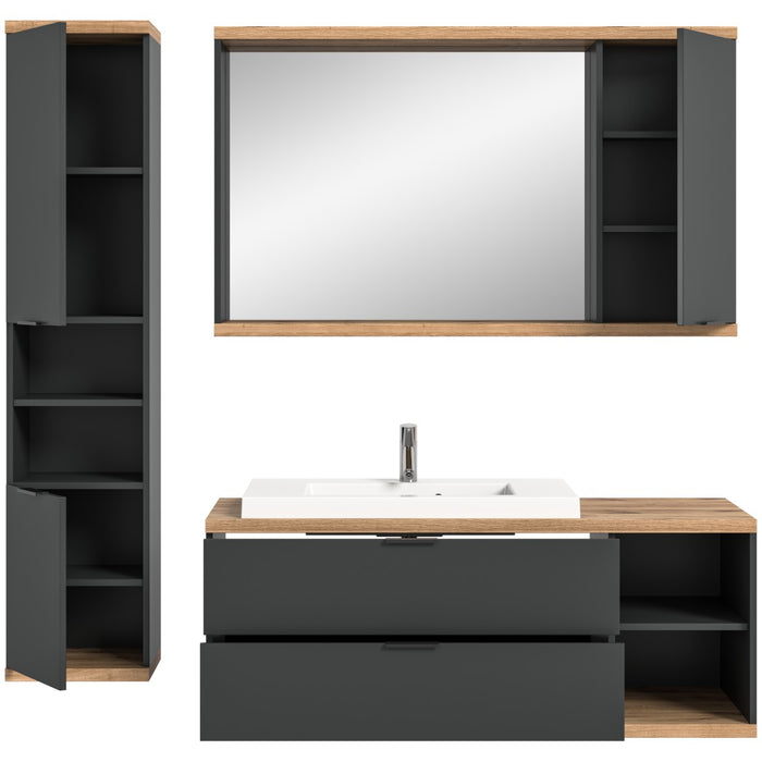Set bagno NOYA grigio - mobile sottolavabo, specchio con contenitore e colonna sospesa