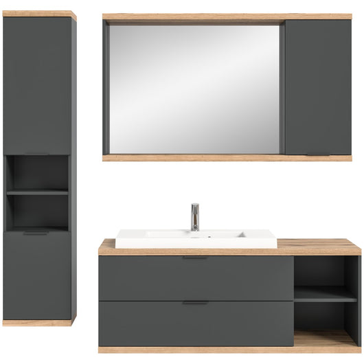 Set bagno NOYA grigio - mobile sottolavabo, specchio con contenitore e colonna sospesa
