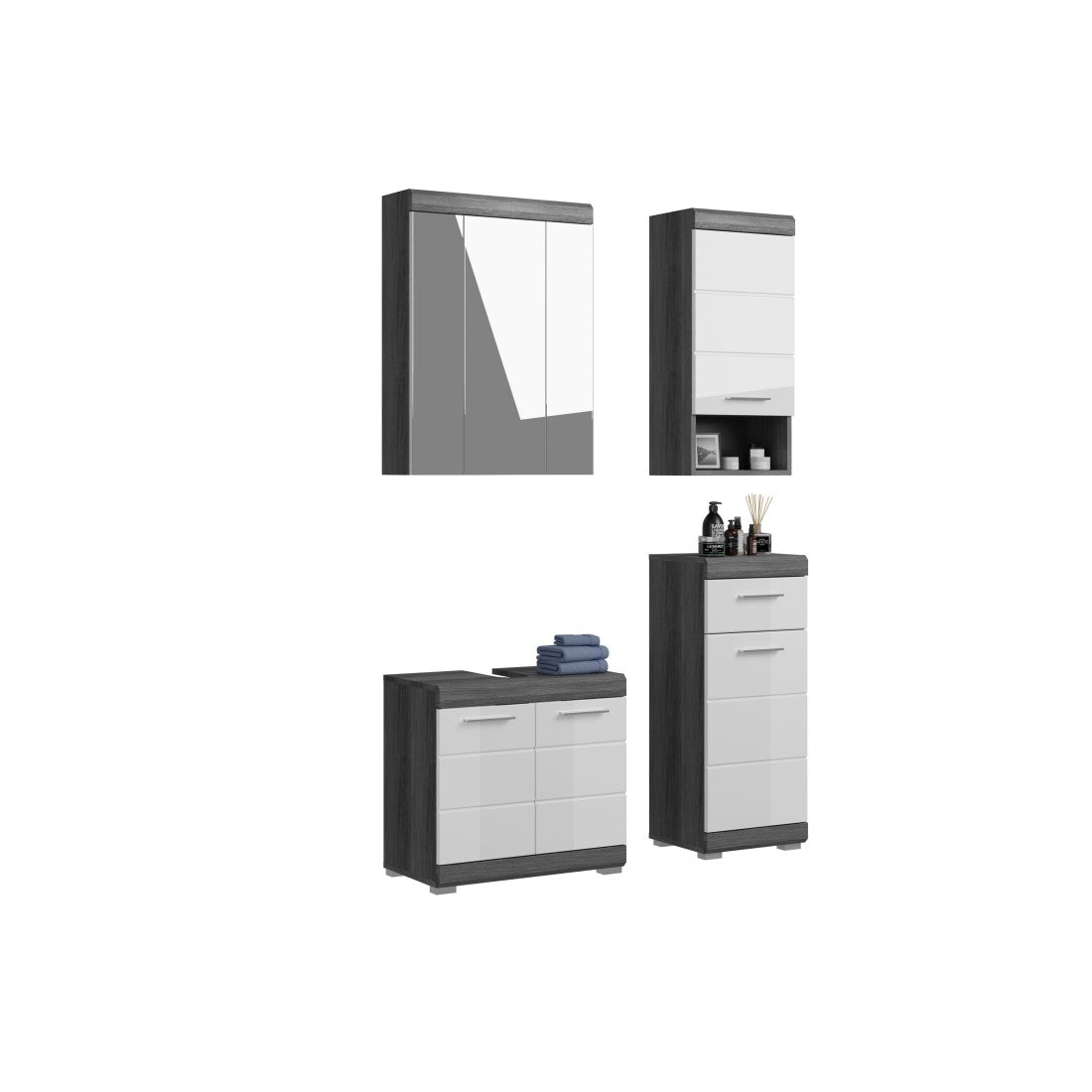Set bagno SCOTT – Mobile sottolavabo, mobile contenitore con specchio e 2 mezze colonne – Grigio scuro e bianco