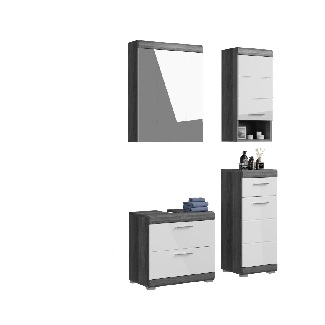 Set bagno SCOTT – Mobile sotto lavabo, colonna e specchio con contenitore