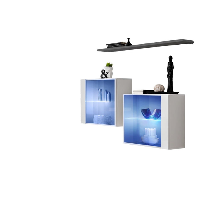 Set salotto SWITCH SBIII bianco lucido, porta in vetro con LED integrato, scaffale grigio, design moderno