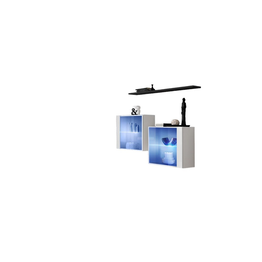 Set salotto SWITCH SBIII bianco lucido, porta in vetro con LED integrato, scaffale nero, design moderno