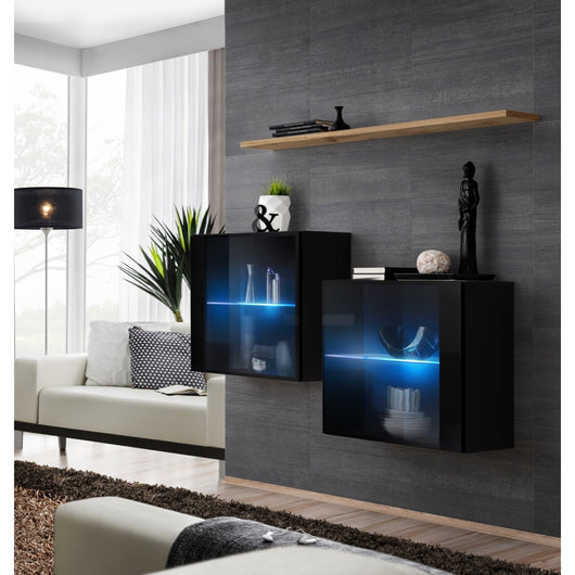 Set salotto SWITCH SBIII nero lucido, porta in vetro con LED integrato, scaffale in quercia Wotan, moderno
