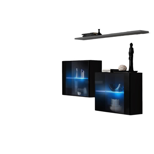 Set salotto SWITCH SBIII nero lucido, porta in vetro con LED integrato, scaffale grigio, design moderno