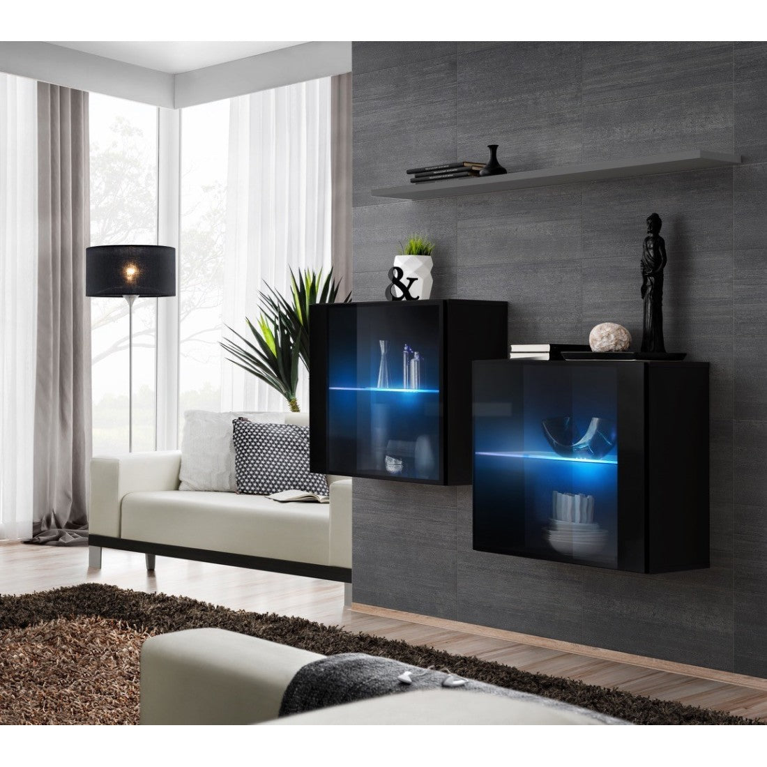 Set salotto SWITCH SBIII nero lucido, porta in vetro con LED integrato, scaffale grigio, design moderno