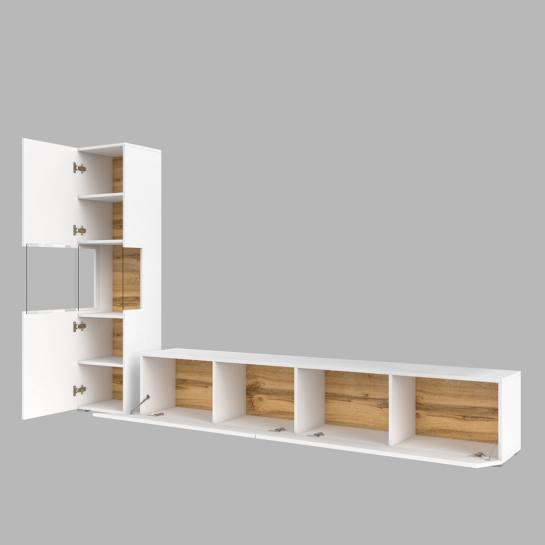 Vetrina e mobile TV collezione EVA. Colore bianco e rovere.