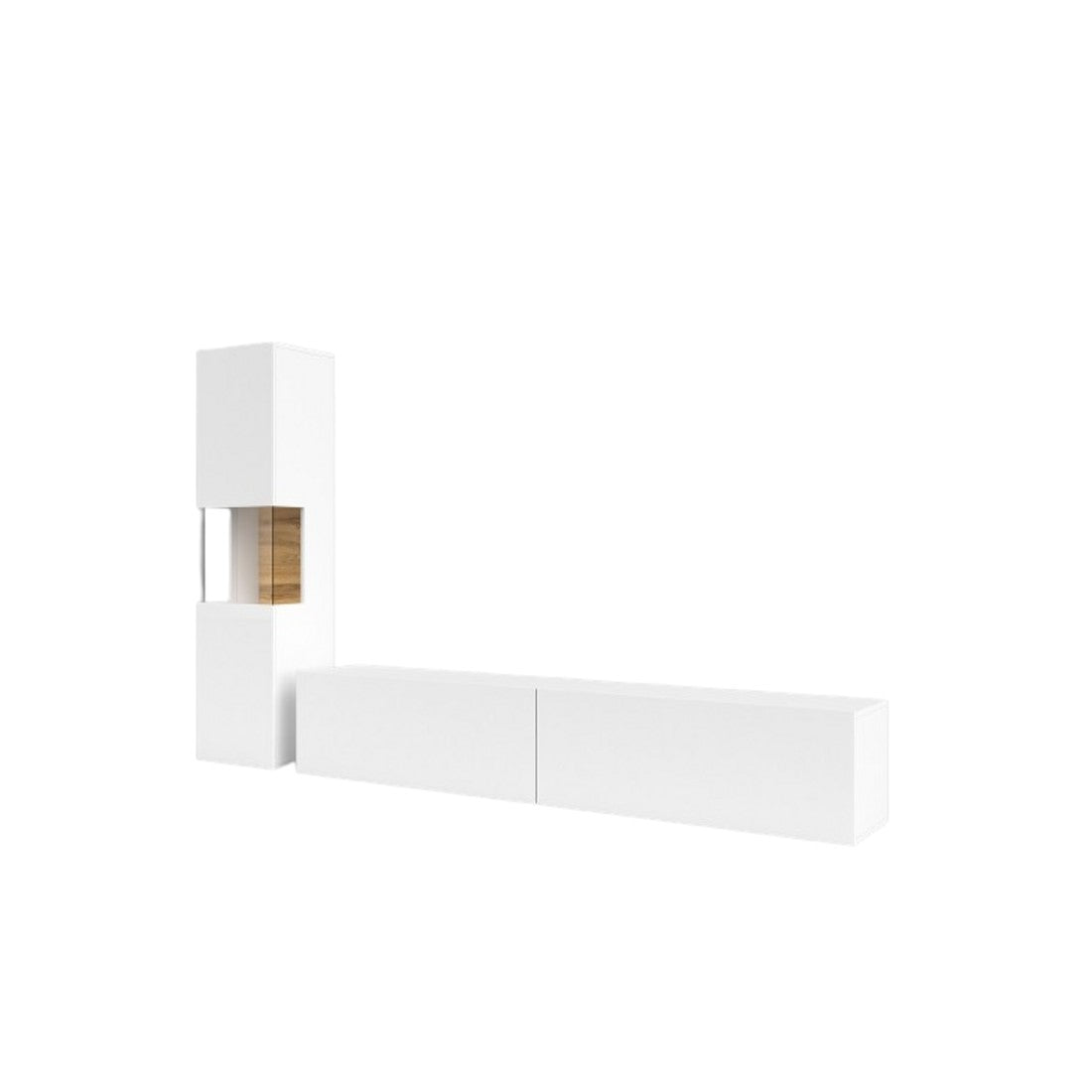 Vetrina e mobile TV collezione EVA. Colore bianco e rovere.