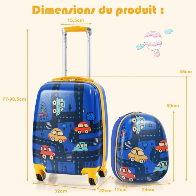 Set di 2 valigie per bambini zaino trolley con maniglia a scomparsa tema auto blu 20_0006882