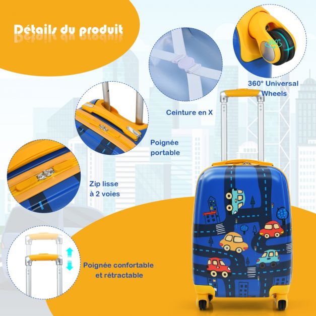 Set di 2 valigie per bambini zaino trolley con maniglia a scomparsa tema auto blu 20_0006882