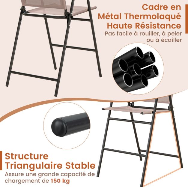 Set di 2 sedie da bar pieghevoli da esterno tessuto traspirante struttura in metallo sedie da bar alte per esterni braccioli poggiapiedi beige 20_0008451