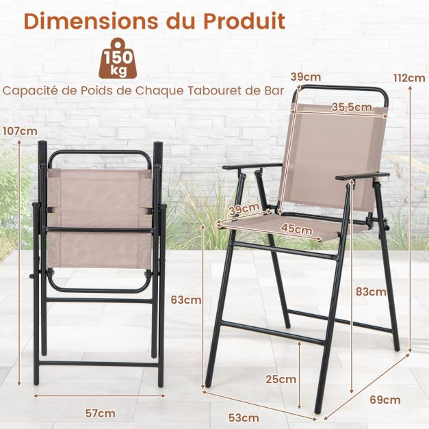 Set di 2 sedie da bar pieghevoli da esterno tessuto traspirante struttura in metallo sedie da bar alte per esterni braccioli poggiapiedi beige 20_0008451