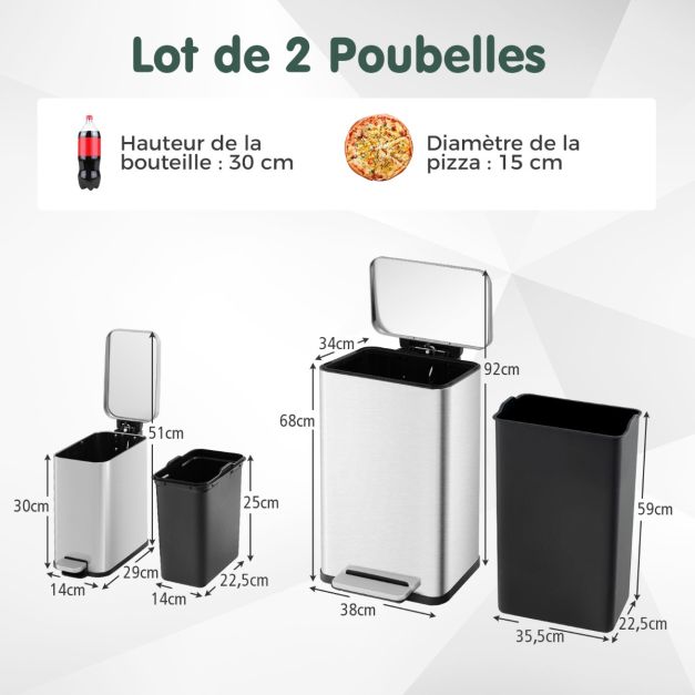 Set di due pattumiere a pedale da 40 e 6 litri in acciaio inox con secchi interni rimovibili argento 20_0008473