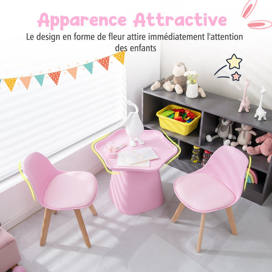Tavolo per bambini e 2 sedie in legno con schienale ergonomico e cuscino tavolo per bambini a forma di fiore dal design concavo portata 50 kg rosa 20_0009445