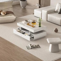 Tavolino da Salotto con Striscia LED Integrata, 4 Cassetti Frontali e Posteriori, Bianco