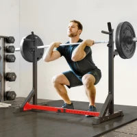 Supporto per Bilanciere con Altezza e Larghezza Regolabili in Acciaio, 77-122x73x121-171cm, Nero e Rosso