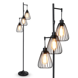 Lampada da terra industriale con 3 luci, Lampada di metallo 170 cm con 3 paralumi sospesi-Lampade