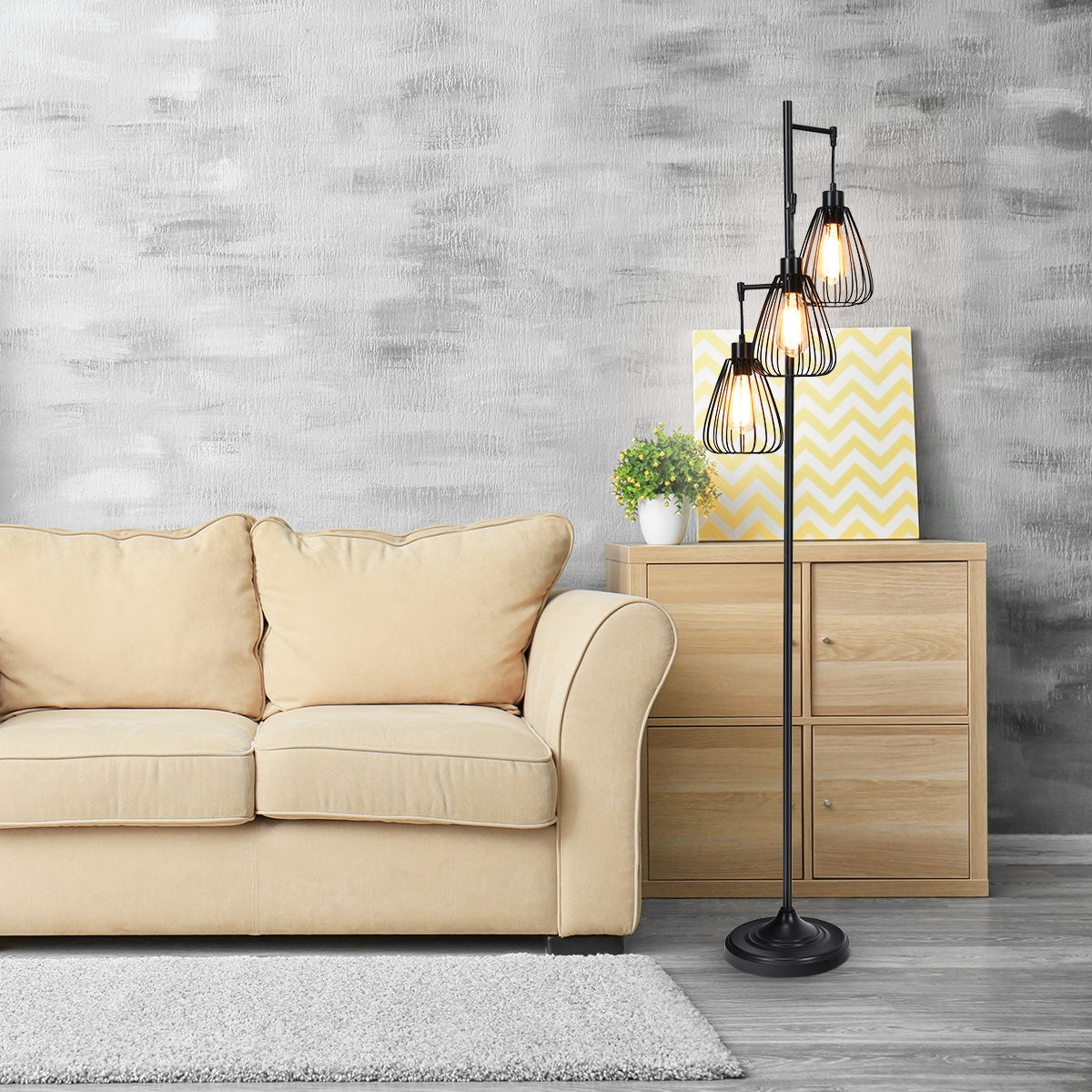 Lampada da terra industriale con 3 luci, Lampada di metallo 170 cm con 3 paralumi sospesi-Lampade