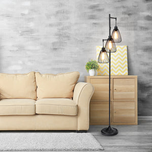 Lampada da terra industriale con 3 luci, Lampada di metallo 170 cm con 3 paralumi sospesi-Lampade