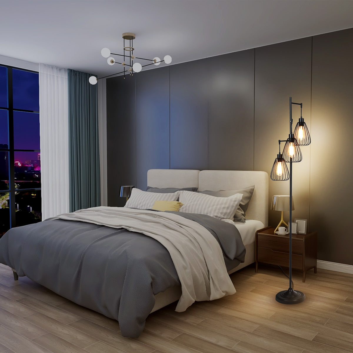 Lampada da terra industriale con 3 luci, Lampada di metallo 170 cm con 3 paralumi sospesi-Lampade