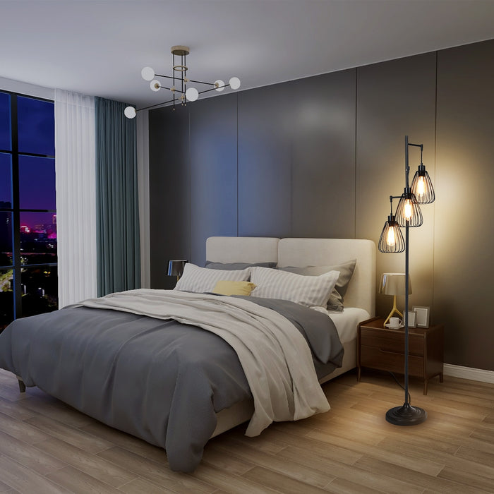 Lampada da terra industriale con 3 luci, Lampada di metallo 170 cm con 3 paralumi sospesi-Lampade