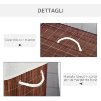 Cesto per Biancheria Bambù da 100L con 2 Scomparti, Coperchio e Maniglie, 52x32x63cm