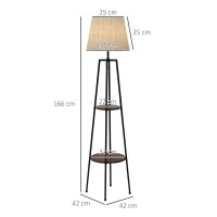 Lampada da Terra a 2 Ripiani in Metallo e MDF con Paralume in Tessuto, Ø42x166 cm, Nero e Marrone