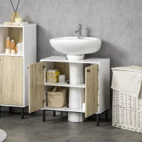 kleankin Mobile Bagno Sotto Lavabo a 2 Ante con Ripiano Interno in Truciolato e Acciaio, 60x30x60 cm, Bianco e Rovere