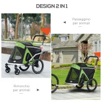 Rimorchio Bici e Passeggino per Cani 2 in 1 Pieghevole con Catarifrangenti e Bandierina, Verde