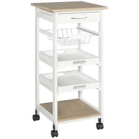 Carrello da Cucina Salvaspazio in Legno di Pino e MDF, Carrello Portaoggetti con Cassetto, Cestello, 2 Vassoi e 4 Ruote Universale, 37x37x82cm, Bianco