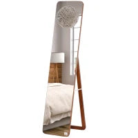 Specchio da Terra e da Parete con Struttura in Legno, Supporto Pieghevole con Cerniera, 37x43x156cm, Noce Chiaro