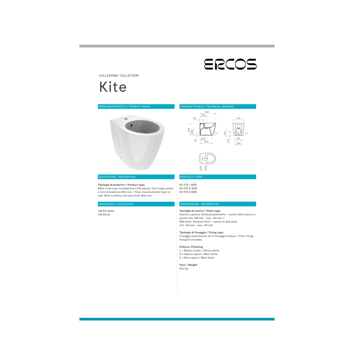 Bidet a Terra Ercos "Kite" Bianco Lucido