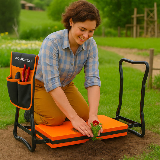 Ergogard - Sgabello Inginocchiatoio Multifunzione 2 in 1 per Giardinaggio con Borsa Portautensili Nero e Arancio