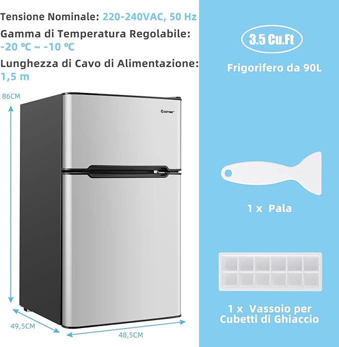 Frigorifero compatto 90 L con luce LED e refrigerazione rapida, Freezer silenzioso separato con 2 ante Grigio-Frigoriferi