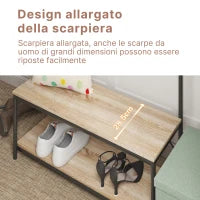 Appendiabiti con Panca e Scarpiera in Stile Industriale, Mobile per Ingresso Vintage in Legno e Acciaio Nero