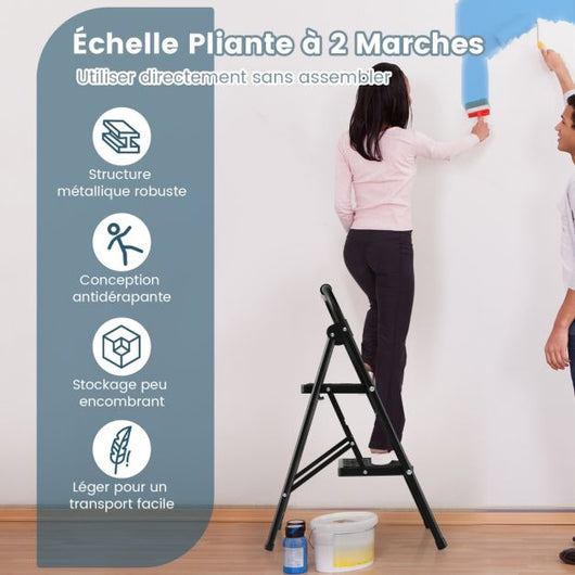 Scaletta pieghevole a 2 gradini 71 cm con maniglia imbottita e gradino antiscivolo Scala porta attrezzi portatile in metallo portata 265 kg Nero 20_0007164