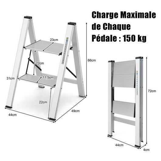 Sgabello pieghevole 2 gradini in alluminio scaletta portatile con ampia piattaforma gradino piedini in gomma antiscivolo portata 150 kg 20_0005267