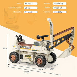 Escavatore cavalcabile per bambini con sedile rotante scomparto portaoggetti, Ruspa giocattolo elettrica Grigio-Macchinine giocattoli