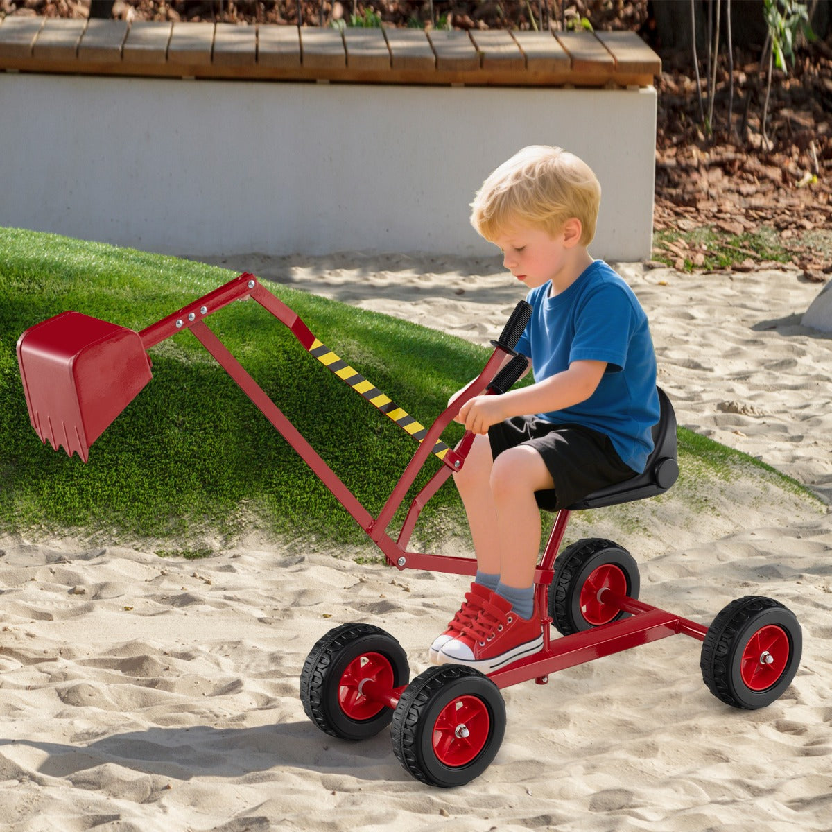 Escavatore per sabbiera con comandi a 2 mani e pala flessibile, Escavatore per bambini schienale ergonomico Rosso-Macchinine giocattoli