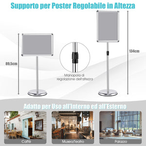 Lavagnetta da pavimento autoportante, Bacheca porta men¨´ in metallo con altezza regolabile 89-135cm Argento-Espositore pubblicitario