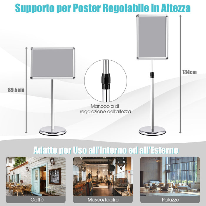 Lavagnetta da pavimento autoportante, Bacheca porta men¨´ in metallo con altezza regolabile 89-135cm Argento-Espositore pubblicitario