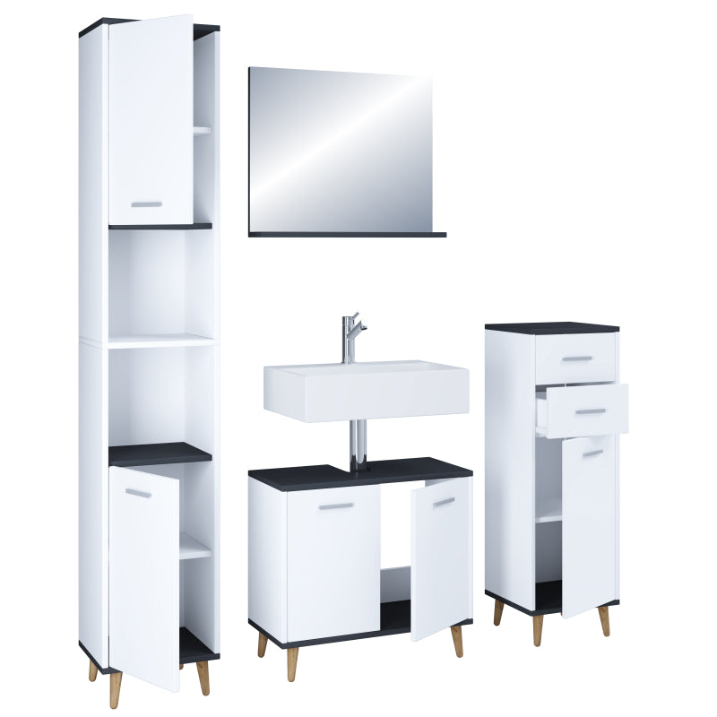 Essenza di Ezooza  Set Bagno Completo 4 Pezzi Mobile Lavabo + Colonna + Pensile e specchio, Bianco/Antracite ,