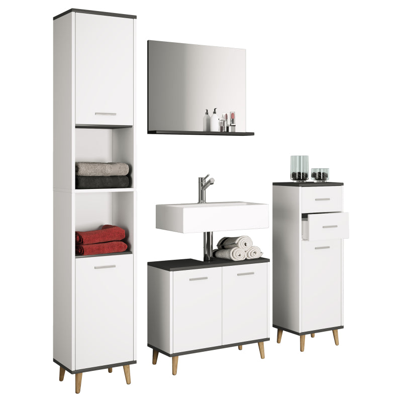 Essenza di Ezooza  Set Bagno Completo 4 Pezzi Mobile Lavabo + Colonna + Pensile e specchio, Bianco/Antracite ,