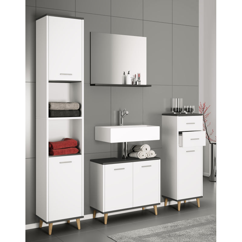 Essenza di Ezooza  Set Bagno Completo 4 Pezzi Mobile Lavabo + Colonna + Pensile e specchio, Bianco/Antracite ,