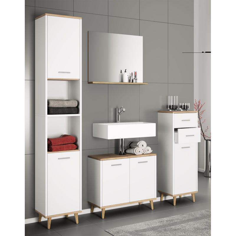 Essenza di Ezooza  Set Bagno Completo 4 Pezzi Mobile Lavabo + Colonna + Pensile e specchio, Bianco/Rovere ,