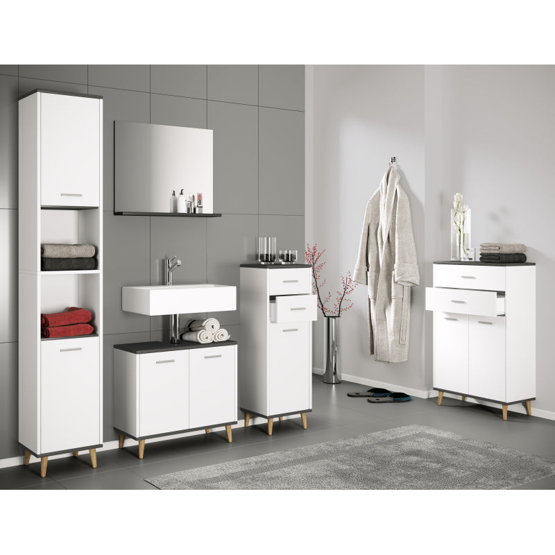 Essenza di Ezooza  Set Bagno Completo 4 Pezzi Mobile Lavabo + Colonna + Pensile e specchio, Bianco/Antracite ,