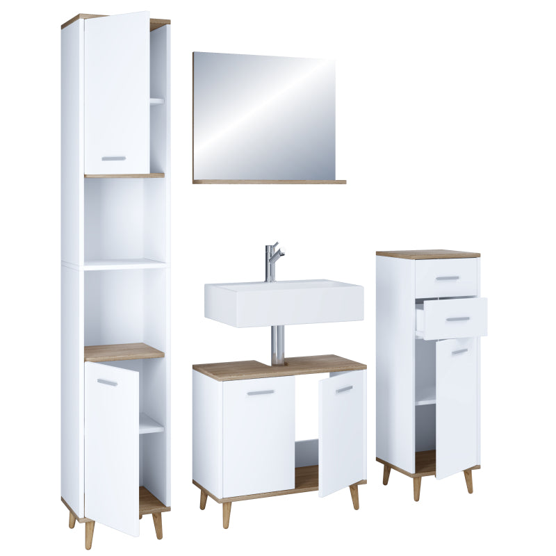 Essenza di Ezooza  Set Bagno Completo 4 Pezzi Mobile Lavabo + Colonna + Pensile e specchio, Bianco/Rovere ,
