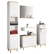Essenza di Ezooza  Set Bagno Completo 4 Pezzi Mobile Lavabo + Colonna + Pensile e specchio, Bianco/Rovere ,