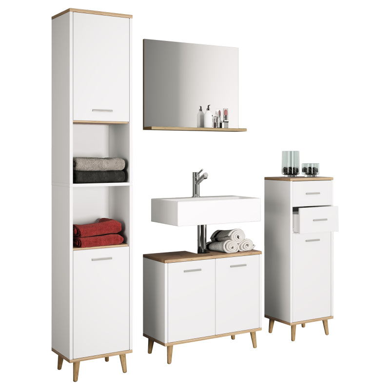 Essenza di Ezooza  Set Bagno Completo 4 Pezzi Mobile Lavabo + Colonna + Pensile e specchio, Bianco/Rovere ,