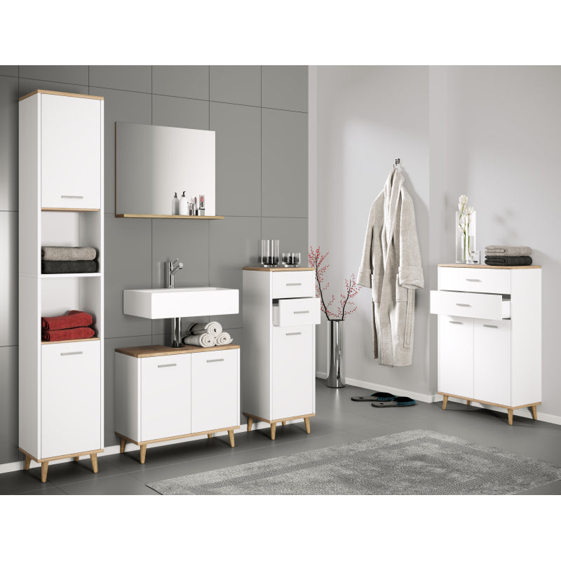 Essenza di Ezooza  Set Bagno Completo 4 Pezzi Mobile Lavabo + Colonna + Pensile e specchio, Bianco/Rovere ,